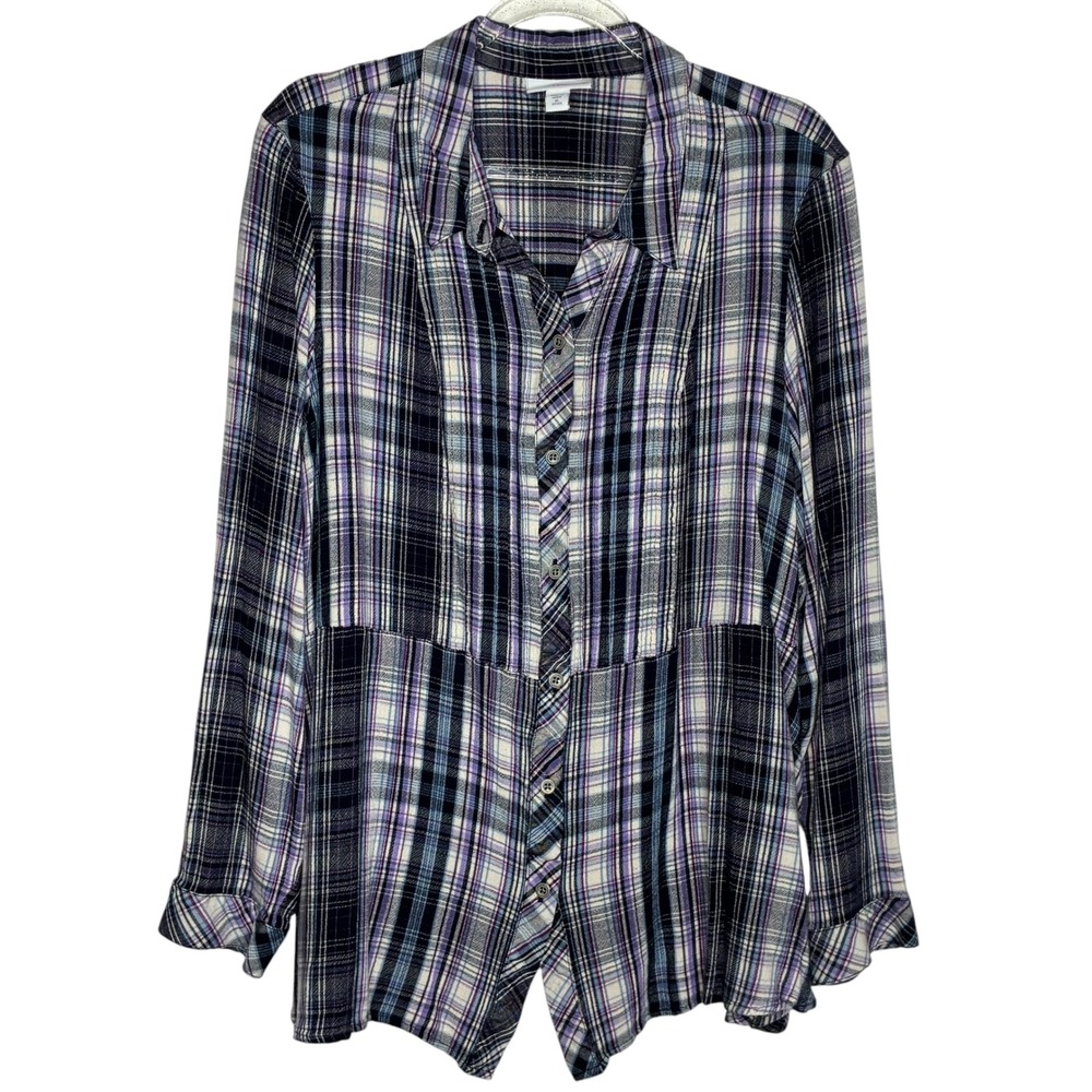 J Jill Womens XL Petite Plaid Top Blouse Button Front Blue Flannel Lumberjack